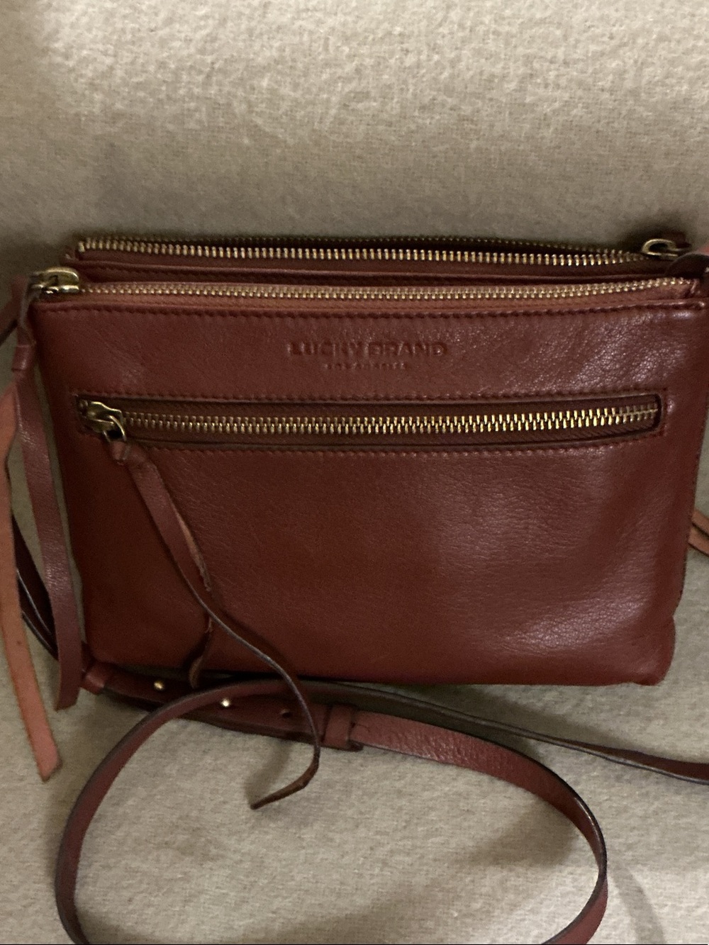 Lucky Brand Rust Brown Leather Crossbody with Gold Zippers